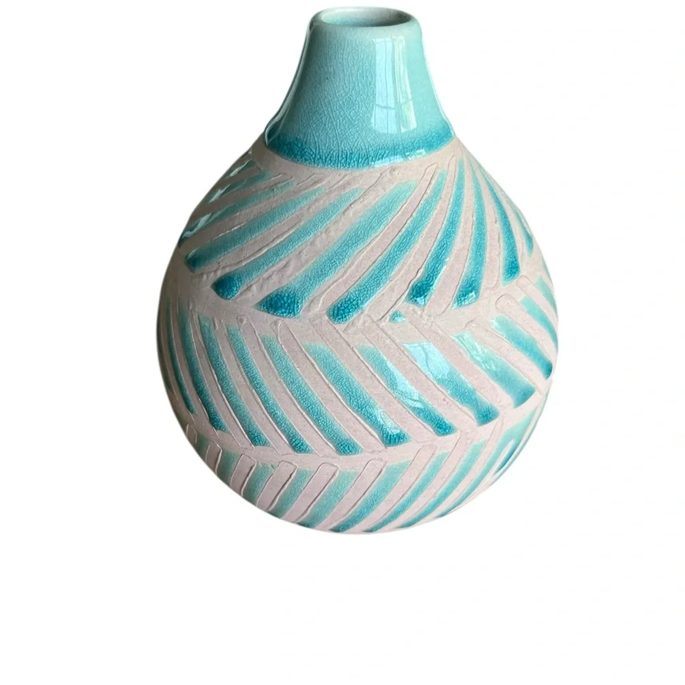 New Pier 1 Turquoise and cream Ceramic Vase